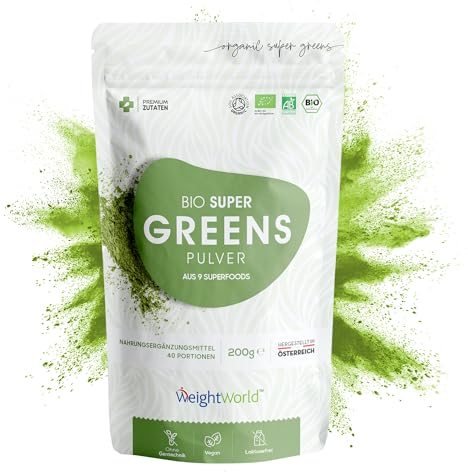 Super Greens en Poudre Bio 200g 40 Portions - 9 Super Aliments Riche en Vitamines & Minéraux - Poudre de Maca, Guarana, Matcha Bio, Chlorella Chlorophylle, Baobab, Herbe de Blé, Acai, Orge, Lin