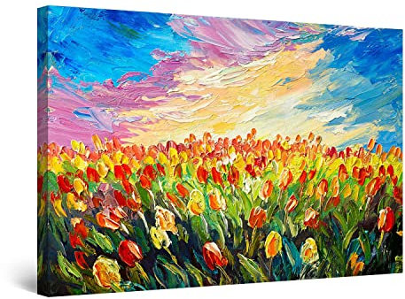Startonight Quadro su Tela Campo di Tulipani Gialli Rossi - Grandi Quadri Moderni Fiori - Stampe Grande per Soggiorno Stampe Incorniciate 80x120 cm, Decorazione Parete, Idea Regalo Elegante
