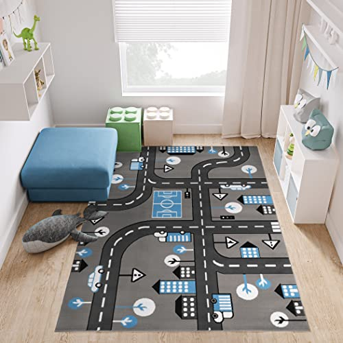 TAPISO Pinky Teppich Kurzflor Kinderteppich Kinderzimmer Grau Blau Schwarz Weiß Pastellfarben Modern Straße Spielteppich ÖKOTEX 120 x 170 cm