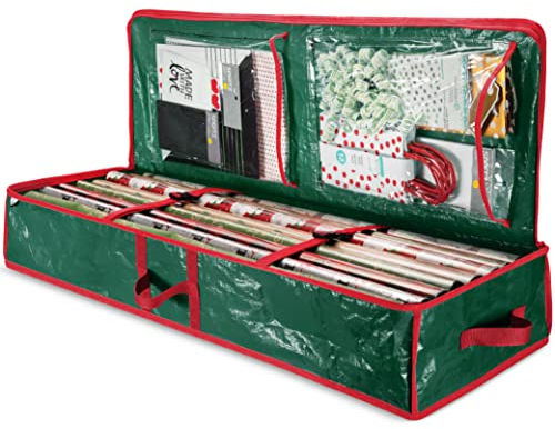 Zober Christmas Wrapping Paper Storage Bag with Interior Pockets - Fits 18-24 Rolls - Gift Wrap Organiser for Christmas Decorations Bows, Tags & Ribbons - Durable Tear Proof Wrapping Paper Storage Box
