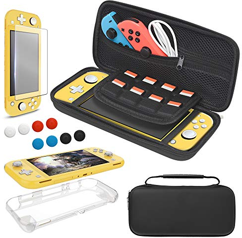 Tasche und Schutzhülle Kompatibel mit Nintendo Switch Lite Zubehör Set, YUANHOT Tragetasche & Hülle für Switch Lite & Displayschutzfolie & Joystick Kappen - Schwarz