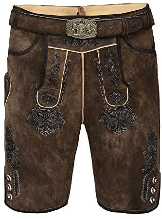 Edelnice Trachtenmode Bayerische Traditionelle Kurze Lederhose Fabian mit passendem Trachtengürtel aus Ziegenleder Gr. 46-64 (66) Braun