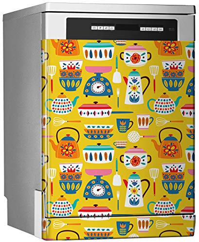 MEGADECOR - Vinile decorativo per lavastoviglie, dimensioni standard, 67 cm x 76 cm, motivo vintage di utensili da cucina su sfondo giallo