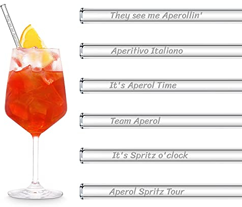 HALM Glasstrohhalme Aperol Spritz Geschenkset | 6 Stück gerade 20 cm | 6 Lustige Sprüche Cocktail Zubehör | Wiederverwendbare Glas-Trinkhalme graviert - Glasstrohalme