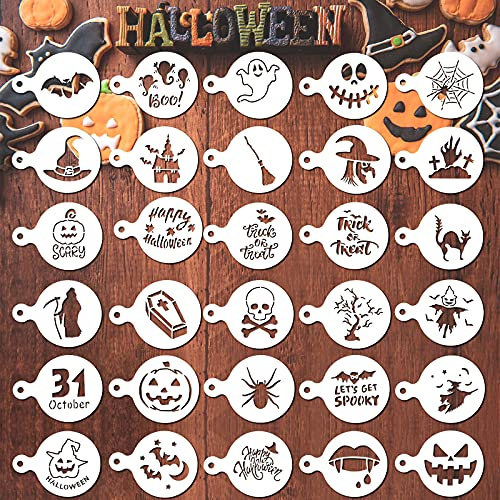 Outus 30 Pieces Halloween Cookie Stencils Reusable Small Halloween Stencils Coffee Templates DIY Baking Painting Craft Dessert Mold Tool for Christmas Wood Pumpkin Sign Card Making