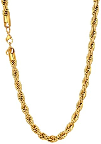 U7 Collana Catena Corda da Uomo Placcato Oro 18K, Larga 6 mm, Collana Grande Grossa alla Moda per Ragazzo, Stile Punk Rock Hip Hop, Confezione, 60 cm, Regalo Natale per Ragazzo