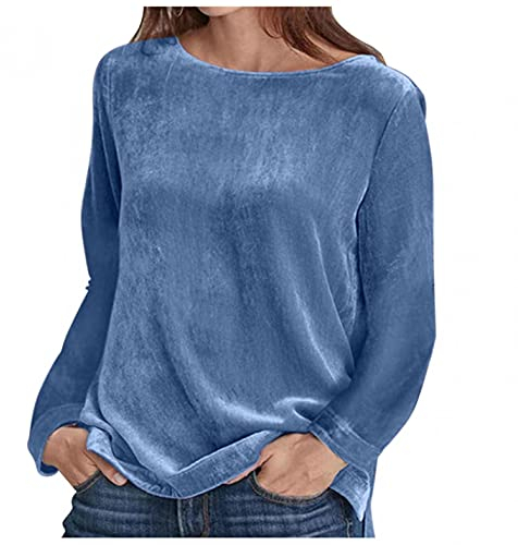 JOYISURE Samt Rundhalspullover Damen Pullover Elegant Einfarbig Langarmshirt Ladies Oversized Velvet Crew Sweatshirts Mode Bequem Lose Oberteile Basic Button Top(Blau,M)