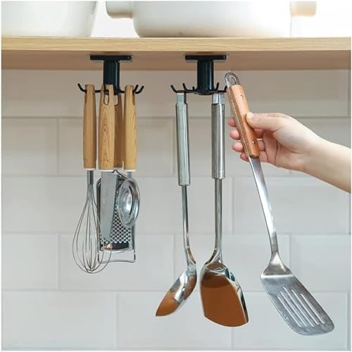 Koksi Utensil Holder Hook, Self Adhesive Kitchen Hanger Storage Oganiser Hook Under Cabinet Rotatable Hooks Holder for Utensil, Towel, Spoon, Ladle with 6 Hooks (Light Pink)