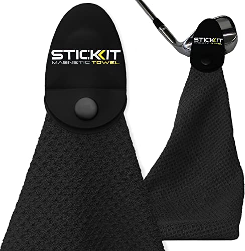 STICKIT Magnetisches Golf-Handtuch, schwarz, Mikrofaser-Golf-Handtuch mit tiefen Waffeltaschen, industrieller starker Magnet für starken Halt an Golfwagen oder Schlägern