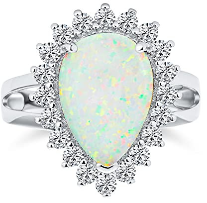 Personalisierte Big Halo Birne Form Träne Aussage 10Ct Erstellt Weißen Opal Verlobungsring Kathedrale Einstellung Edelstein Ring Für Frauen .925 Sterling Silber Oktober Birthstone Anpassbar