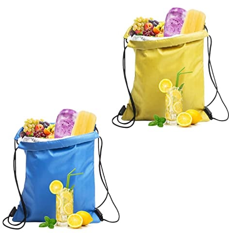 Kühltasche mit Kordelzug, wasserdicht, faltbar, Aluminium-Kühltasche, Mini-Lunchtasche für Arbeit, Schule, Reisen (Himmelblau, Gelb)
