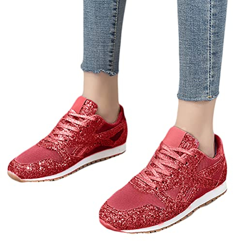 Onsoyours Damen Pailletten Mesh Sneakers Casual Strass Plat Sneakers Wanderschuhe Sportschuhe Laufschuhe Schuhe Freizeitschuhe Turnschuhe A Rot 40 EU