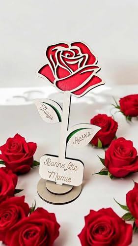 Rose éternelle en bois avec support personnalisée cadeau mamie maman maitresse nounou (3 feuilles)