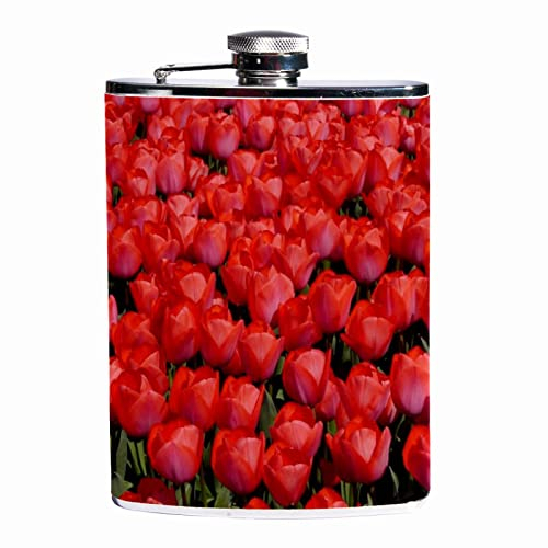 Petacas para licor,campo de tulipanes de flor roja,Frasco a prueba de fugas de acero inoxidable y frasco de embudo para hombres y mujeres