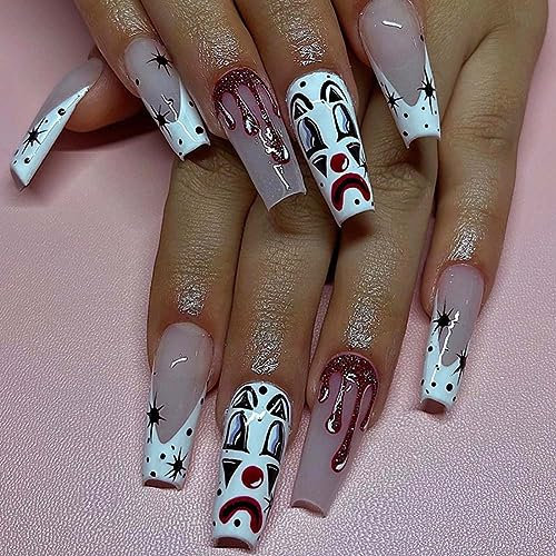 Clataly Halloween Demon Pumpkin Ghost False Nails Bloody Heart Flowing Clown Fake Nails Stars Moon Artificial Nails Press On False Nails (B)
