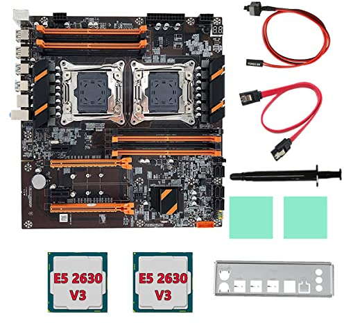 Guindxan X99 Dual Motherboard CPU Scheda Madre + 2XE5 2630 V3 CPU+ SATA+Baffle+Grasso Termico LGA 2011 8XDDR4 Slot Supporto 2011-V3 CPU