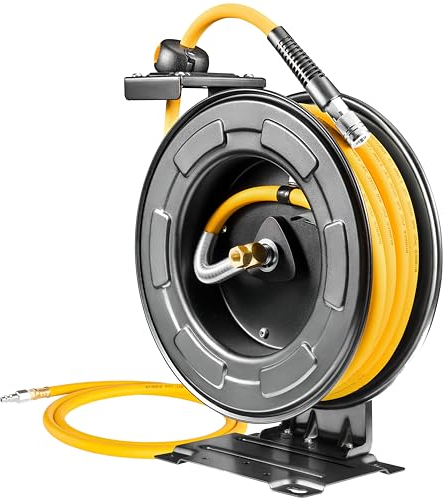 AIRZILLA Avvolgitubo retrattile in acciaio 3/8 pollici x 50 piedi ibrido polimerico, avvolgitubo dell'aria resistente incluso avvolgitore automatico | accoppiatore d'aria rapido | telaio in acciaio