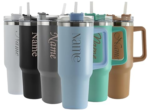 Personalised Engraved Thermal Tumbler, 40oz/1135ml Insulated Travel Cup, Large Light Blue Travel Coffee Mug, Customise with Any Name and Font, Stainless Steel, Straw and Handle