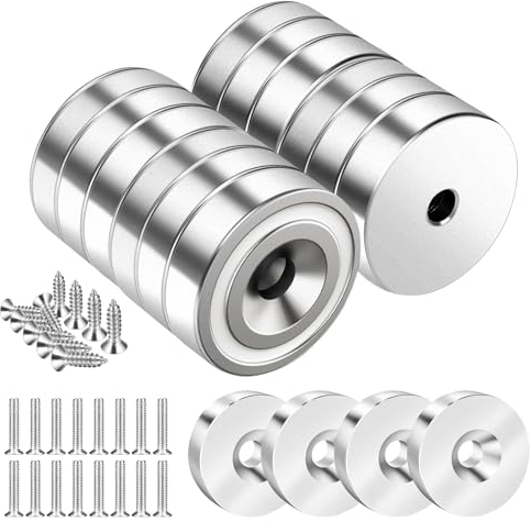 12 Magnete, Magnetkraft 10 kg, 20 x 7 mm, mit Löchern und Kapseln, Set mit 48 Senkkopf-Glasmagneten, mit Schrauben und Stahlpads