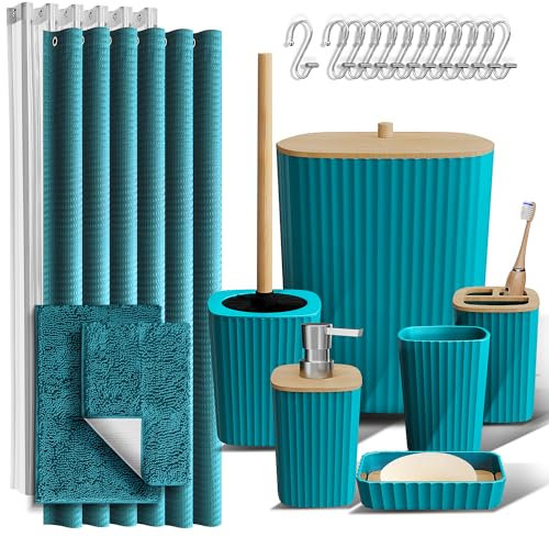 Clara Clark Bathroom Accessories Set - Bathroom Accessory Set with Shower Curtain Set, Toilet Brush, Trash Can & Soap Dispenser & Rugs (Teal, Complete Set + Bath Rugs)