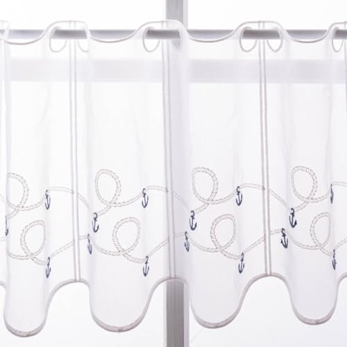 SCHÖNER LEBEN. Scheibengardinen Meterware nähfrei Stickerei Voile maritim Anker 30cm