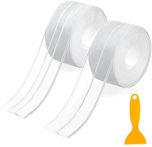 YSDMY 2 Pcs Bath Sealant Strip Transparent Self Adhesive Caulk Tape, Waterproof Mold Shower Sealant Tape,Flexible Toilet Tapes Floor Wall Corner Sealing Tape (3.8cmx3.2M) with Plastic Scraper