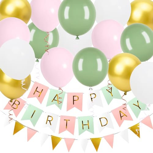 Bannière « Happy Birthday », décorations de fête d'anniversaire pour filles, 16 ballons de 30,5 cm avec bannière et 3 rubans pour hommes, femmes, filles et garçons (vert rose)