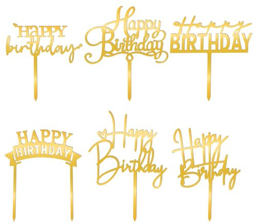 Happy Birthday Cake Toppers, 6 Pcs Gold Acrylic Cake Decorations, Glittering Mirrored Birthday Cake Topper for Cupcake Birthday Event Party Decoration Supplies (6 Styles)