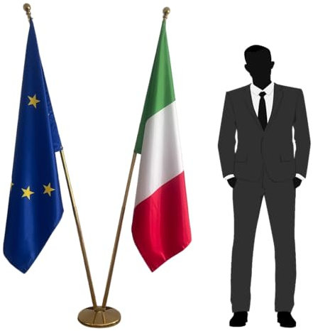 Bandiere Europa e Italia con aste e base. Bandiere per ufficio. Base 3kg. Bandiere in raso. Qualità PREMIUM ! Codice CN8-EU-IT