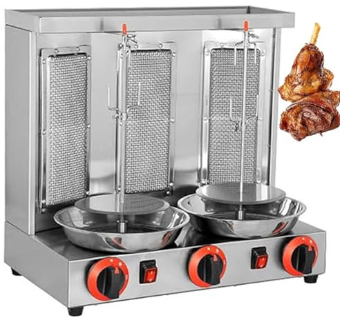 Barbecue vertical commercial Shawarma, rôtissoire à gaz à rotation automatique à 360 °, grils au propane avec 3 brûleurs, four de cuisson à kebab en acier inoxydable avec température de 50 à 300 ℃(Sil