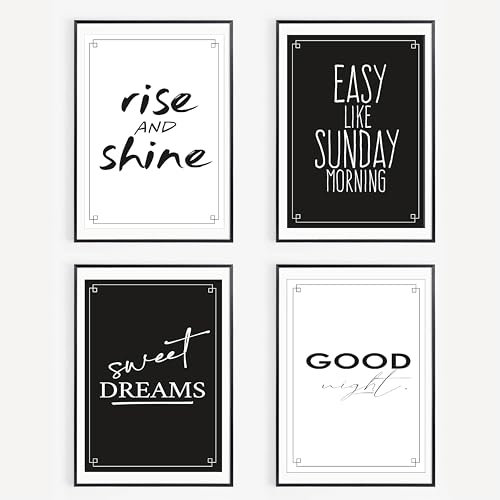 Lineo 4er Set Schlafzimmer-Poster Lustige Sprüche; Deko für Gästezimmer, Ruhebereich; Hochwertiger Kunsdruck witzige Zitate Wand-Bilder 4 Stück in DIN-A4 (Schlafzimmer, 4er Set - 21x30 cm, Ungerahmt)