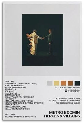 Metro Boomin Heroes And VillainsAlbum-Poster, Kunstdekoration, Wandposter, Innenposter, Druckdekoration, Bar, Restaurant, Dekoration, Ästhetik, Poster, Wohnzimmer, Poster, 30 x 45 cm, ungerahmt