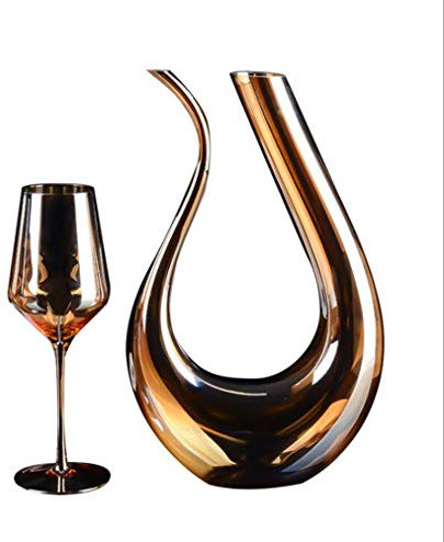 Red Wine Decanter Golden 1.5L U Shape Classic Wine Aerator Red Wine Carafe Crystal Red High Wine Glass Set (Wine Glass*2)