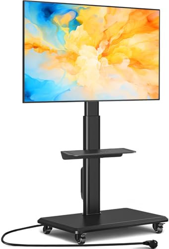 5Rcom Supporto mobile per TV su ruote, per TV piatti curvi da 32 a 55 pollici, supporto girevole per TV con base in legno, regolabile in altezza con un ripiano max VESA 400 x 400 mm fino a 35 kg