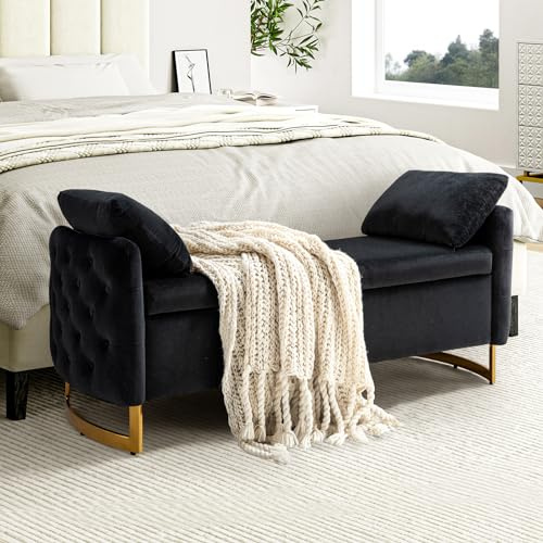 HULALA HOME Storage Ottoman Bench with 2 Pillows and Metal Legs Upholstered Bedroom Benches for End of Bed Padded Footstool for Hallway Entryway Living Room, Black