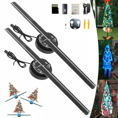 3D Hologram LED Fan Projector, 3D Hologram Christmas Tree, 3D Hologram Fan Halloween, Led Fan Hologram, 3D Hologram Projector with Remote/App Video Library for Shop, Bar, Christmas, Halloween (2 sets)