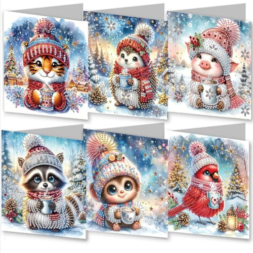 Meecaa Tiger Hedgehog Raccoon Pig Monkey 6pcs Handmade 5D Diamond Painting Christmas Greeting Cards for Adults, DIY Diamond Art Postcards for Friends Family Lover Gift (15CMx30CM) (Tiger)