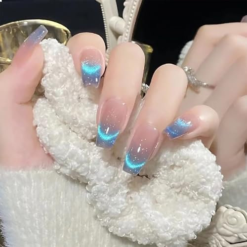 GlamRays - Unghie artificiali press-on, a ballerina, punta squadrata, con glitter, unghie finte adesive a copertura completa, con french manicure, blu effetto ombré, 24 pezzi