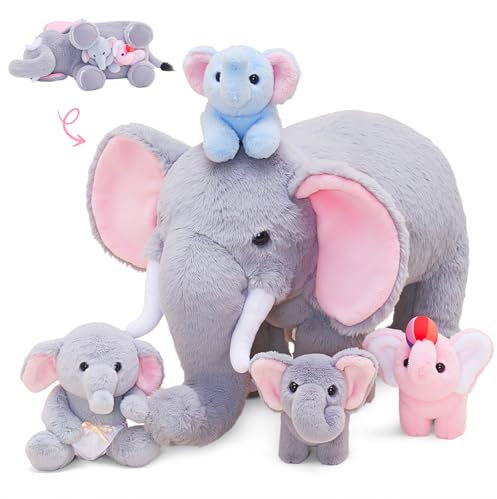 OUOZZZ Set di 5 animali di peluche a forma di elefante, con 4 animali di peluche a forma di elefante, nella pancia, regalo di compleanno per bambini