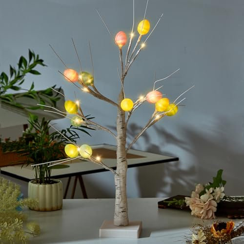 Bseical Osterdeko, 60cm Baum Deko, Led Osterbaum, Dekobaum mit 24 Warmweiß LEDs Ostereier, Batteriebetrieben Leuchtbaum, Verstellbare äSte Innen Birkenbaum FüR Innendekoration Ostern Festival Party