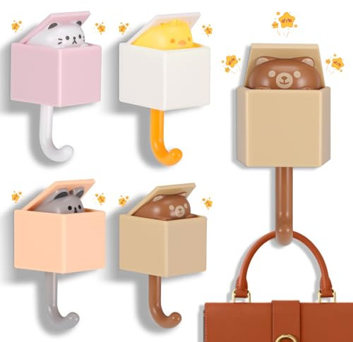 4 Stück Wandhaken Katze, Kreativität kleiderhaken kinder, Stark Haftend Kindergarderobe Haken, Kein Bohren Schlüsselhaken Katze,Selbstklebende Hakenschlüsselhaken Katzefür Home Küche Schlafzimmer