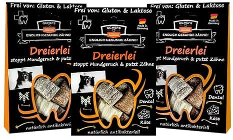 QCHEFS 3er Pack DREIERLEI Hundeleckerli bei Mundgeruch, Zahnfleischentzündung als Zahnsteinentferner durch natürlich antibakterielle Zahnpflege ohne Dentalspray, Zahnbürste oder Zahnpasta