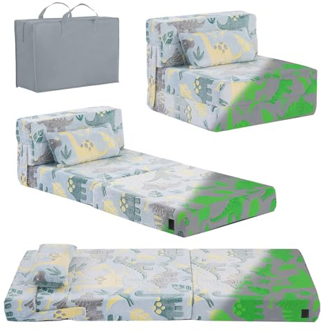 YOTATING Kinder-Sofabett, Kleinkind-Bodenmatratze, leuchtet im Dunkeln, modulares blaues Dinosaurier-Couch, zusammenklappbares Kindersofa, umwandelbare Futon-Klappmatratze, Stuhlbett für Spielzimmer