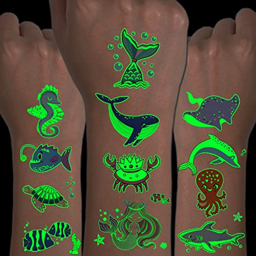 CHARLENT 14 Bögen Glow in the Dark Meerestier Temporäre Tattoos Kinder | Leuchtende Unterwasser Tattoos mit Meerestieren für Jungen und Mädchen, ideal für Geburtstage, Partys und Goodie-Bags