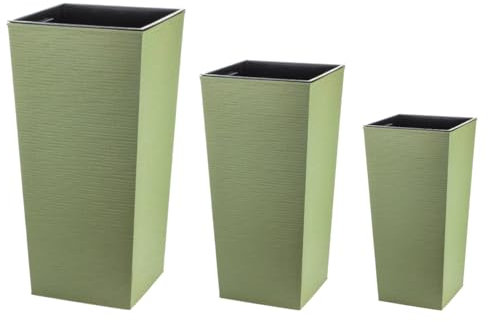 Engelland - 3er Set Pflanzkübel aus recyceltem Kunststoff & Holz, Moos-Grün, Rillenoptik, Blumentopf-Set, nachhaltig, wetterfest, für Garten, Balkon, Terrasse, Innen- und Außenbereich