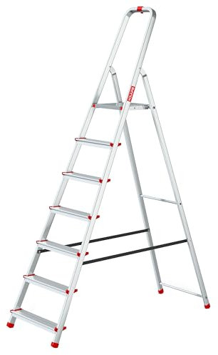 Baulich - Aluminium Leiter - 7-stufige einseitige Haushaltsleiter, Haken und Füße 4 Stück inklusive - Ergonomisches Design, leicht zu transportieren - 215x50x12cm - Belastbarkeit bis 125 kg