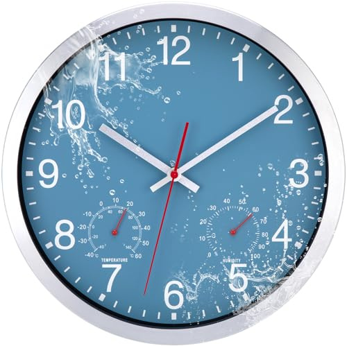 ACCSHINE Orologio da Parete Impermeabile per Esterni - con Termometro e Igrometro Orologio da Parete Senza Ticchettio Silenzioso 30cm Quarzo a Batteria Grande Deco da Giardino (Azzurro Cielo)