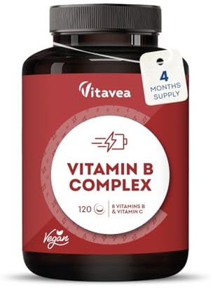 Vitamin B Complex + 20 mg Vitamin C - 8 B Vitamins - 4-Month Treatment | B Vitamins In Synergy - Supports Energy & The Nervous System - High Strength Formula - 1 Tablet Daily - 120 Tablets - Vitavea