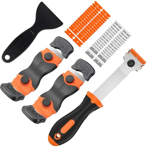 KiauFdcf Rascador para Pegatinas y Adhesivos – Kit de Rasqueta con 60 Cuchillas Metal y Plástico, Herramienta para Quitar Etiquetas, Adhesivo, Pegamento en Vidrio, Ventanas, Pantallas y Vitrocerámica