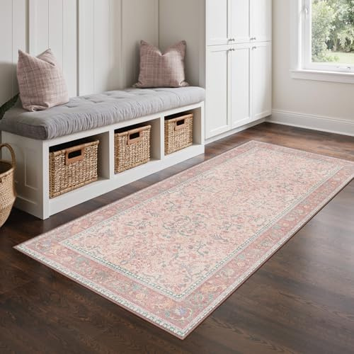 GENIMO Tapis Salon Vintage Lavable en Machine Antidérapante, Rose, 80X150CM